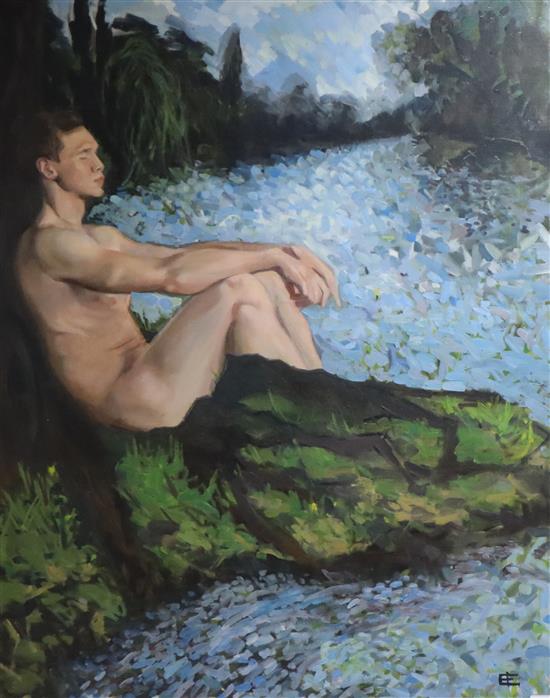 Modern British, oil on canvas, Nude seated on a river bank, monogrammed, 110 x 87cm, unframed